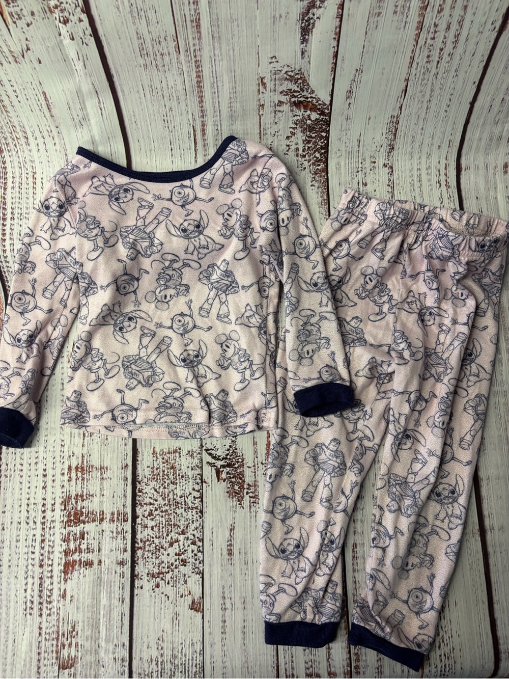Disney Light Pink Pajama Set with Navy Trim and Character Sketch Print